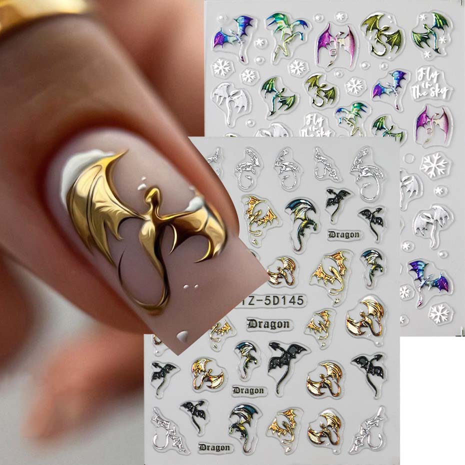 1/2pcs 5D Embossed Metallic Colorful Dragon Nail Stickers Snowflakes Self-Adhesive DIY Nail Decals Sliders Manicure Decorations