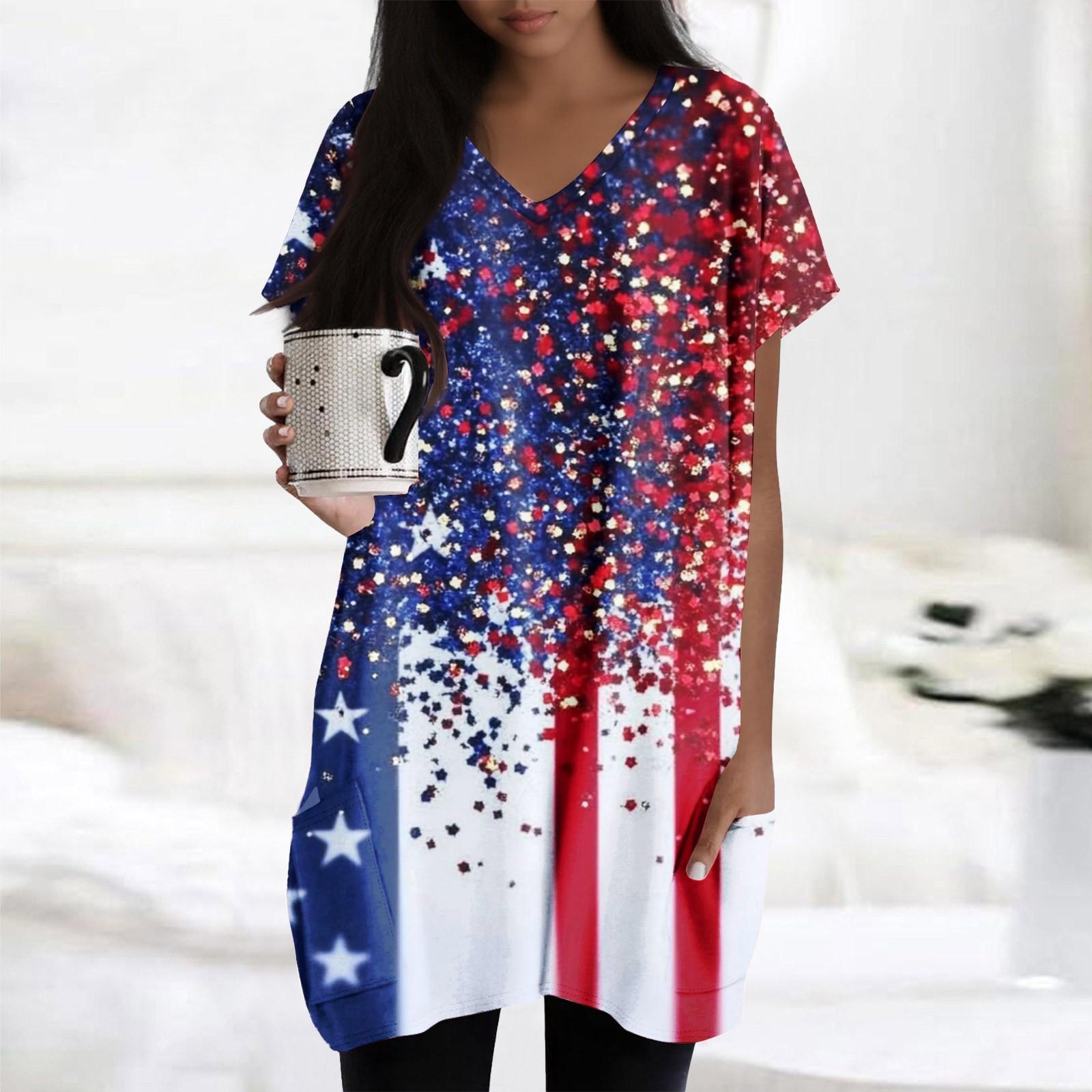 

Womens Tops V-neck Short Sleeve Blouses Casual Mid-length Shirts Fashion Print Tunic Tops With Pockets XL небо синє кольору