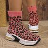 European and American Large-size New Round-head Knitted Leopard Print Medium Tube Elastic Boots Are Hot-selling Elastic Thick-heeled Martin Boots.