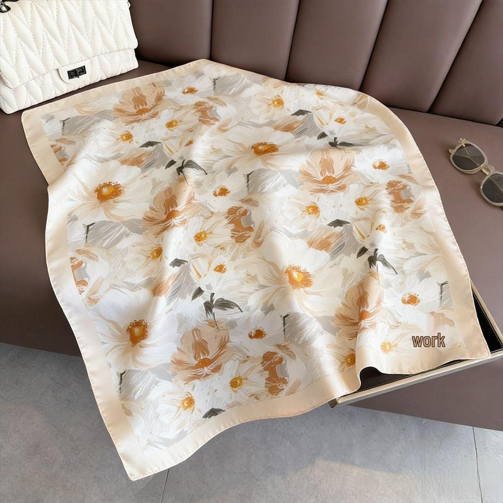 Women's Retro Fashion Mulberry Silk Feel Square Scarf - Summer Faux Satin, Sun Protection, 90cm