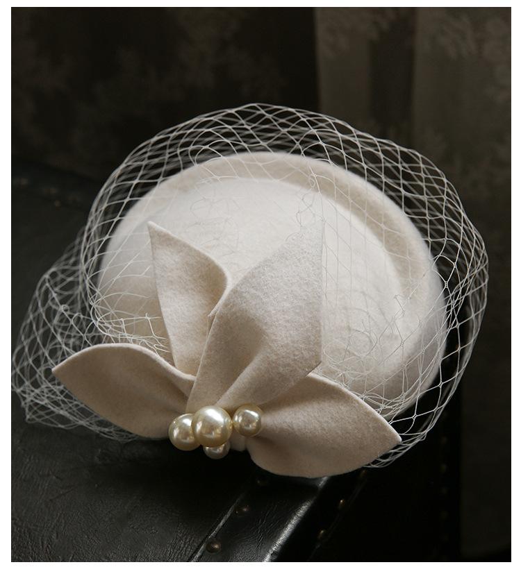 Französische Elegante Britische Vintage Netz-Barett Woll-Zylinderhut Hochzeitskleid Bankett Weiße Brautkopfbedeckung