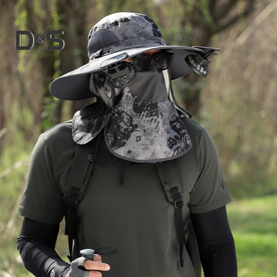 Solar-Ventilator-Hut mit Nackenklappe, LSF 50+, UV-Schutz, Hut mit 2 Solar-Ventilatoren, atmungsaktiv, für Herren, Sommer, Outdoor-Aktivitäten, Angeln, breite Krempe