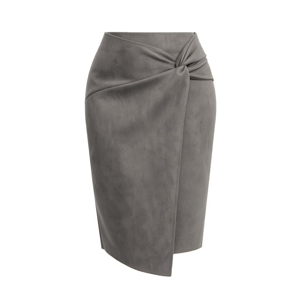 Women's Solid Color Irregular Suede Zipper Skirt High Waisted Buckle Wrapped Hip Twisted Elastic Knot Short Skirt Middle Skirt