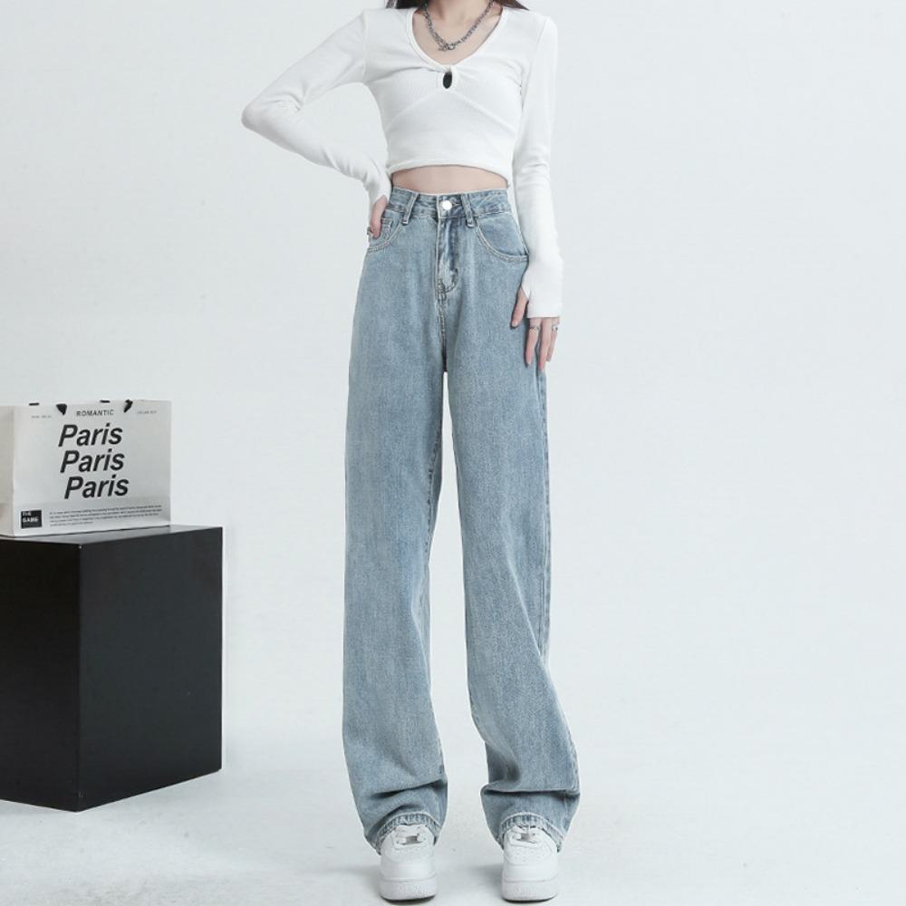 

Trendy high-waisted retro wide-leg jeans women s design sense 2025 new spring and autumn loose and thin floor pants S светло-синий