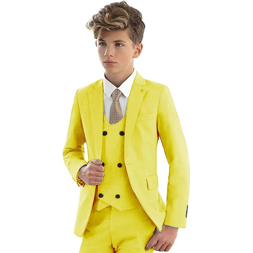 

Бежевий костюм для хлопчиків з гострим лацканом, весільний смокінг, дитячий блейзер, дитячий комплект, офіційний вечірній піджак, штани, жилет, 3 предмети 130 жовтий