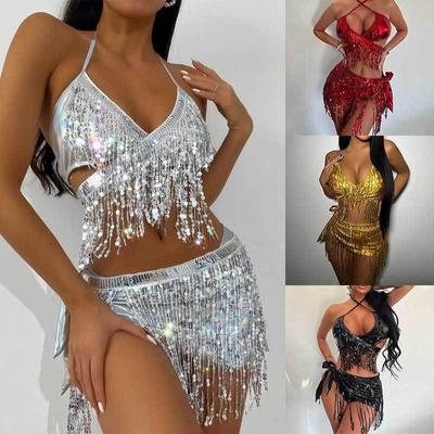 Neuer Sommer-Badeanzug mit dreiteiliger Bademode für Damen, glänzende Pailletten, sexy Quaste, dreiteiliger Anzug, modische Slim Fit-Badeanzüge mit Neckholder, Bikini-Set 24331