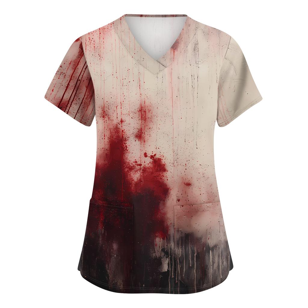 Womens V Neck Short Sleeve Work Top Halloween Print Side Slit Tunic Shirt with Pockets Casual Loose Fit Blouse for Daily Wear