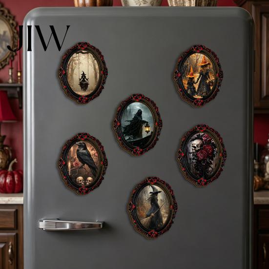 Halloween Refrigerator Magnets Magnetic Fridge Magnet, Ghost Witch Photo Frame, Wooden Vintage Theme Home Ornaments Frame Decoration, Atmospheric Dark