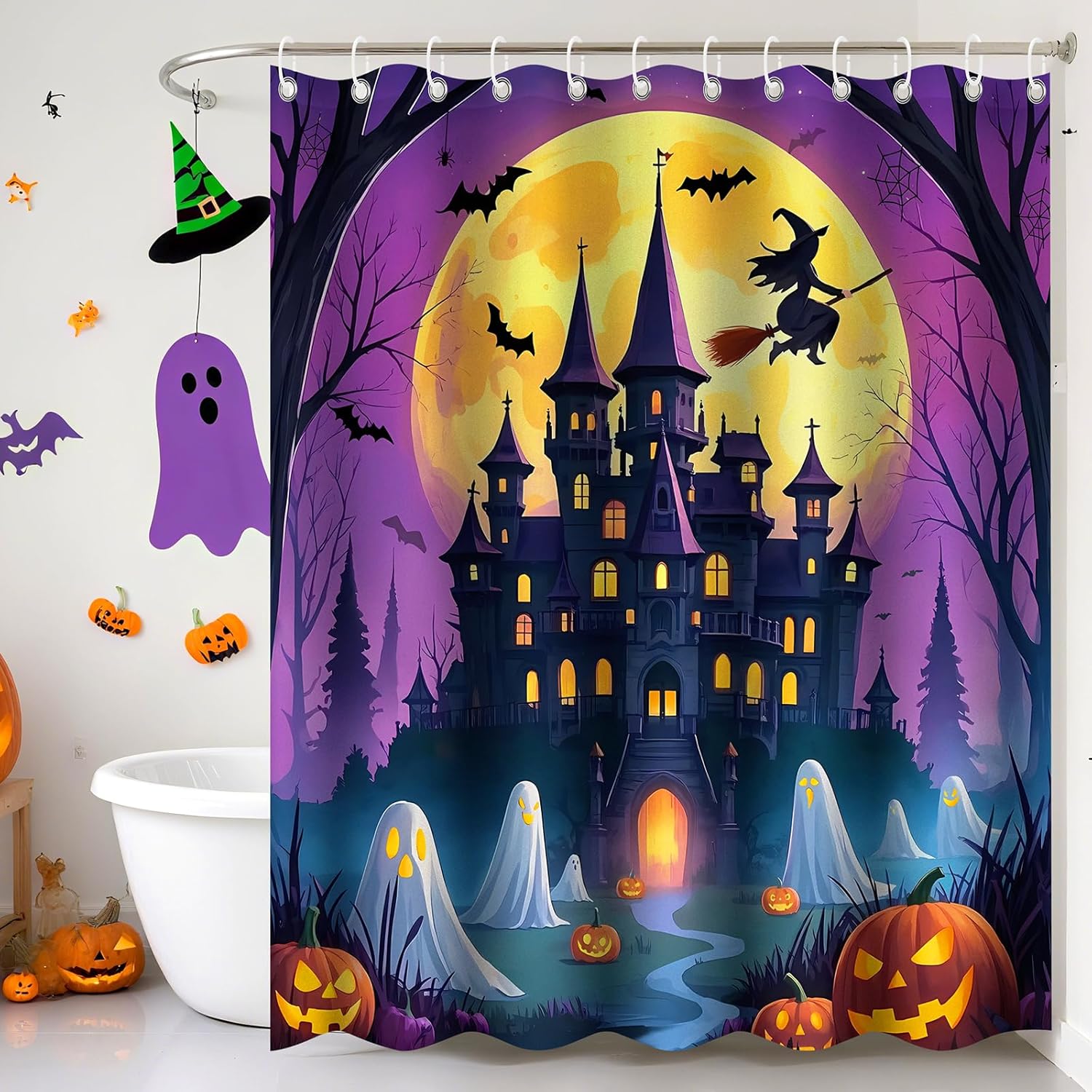 

Halloween Shower Curtain - Funny Shower Curtain with Black Skul Skeleton, Machine Washable Waterproof Fabric for Bathroom Deco 90x180CM