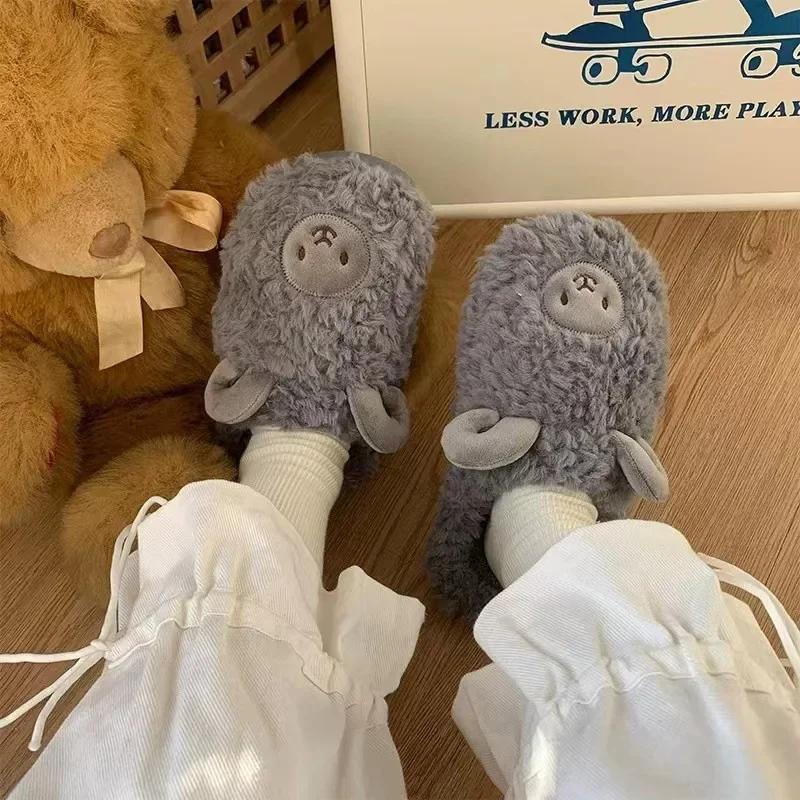 2024 Cotton Slippers Lovers Cute Cartoon Girl Heart Sheep Drag Winter Indoor Home Soft Bottom Plush Cotton Drag
