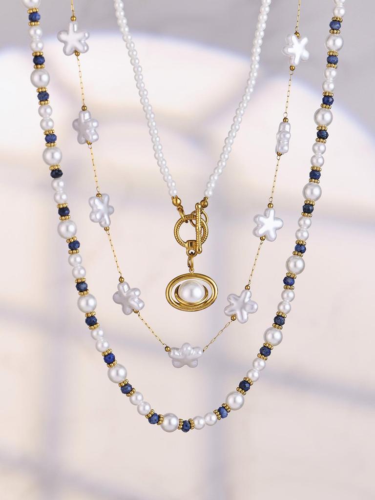 Elegant 18k Gold-Plated Stainless Steel Necklace with Imitation Pearl Beads and OT Clasp