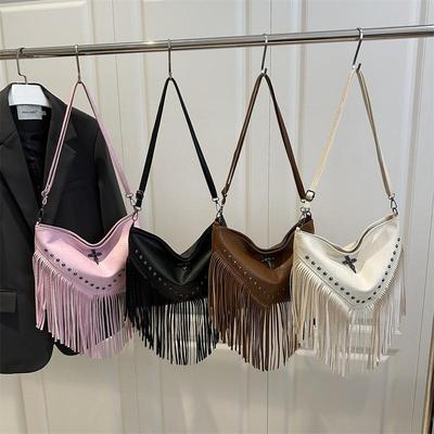 Fashion Vintage Leather Crossbody Bag Boho Style Shoulder Bag Tassel Rivet Cross Decor Square Purse Casual Messenger Bag