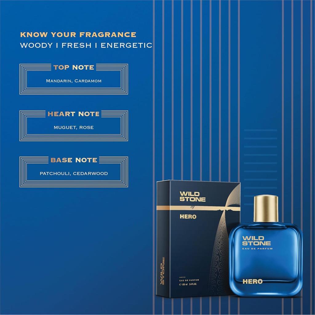 Wild Stone Hero Perfume for Men, 100ml| Long-Lasting Fragrance | Best Gift for Him L Premium Perfume for Men L Infused with Aromatic & Marine Notes