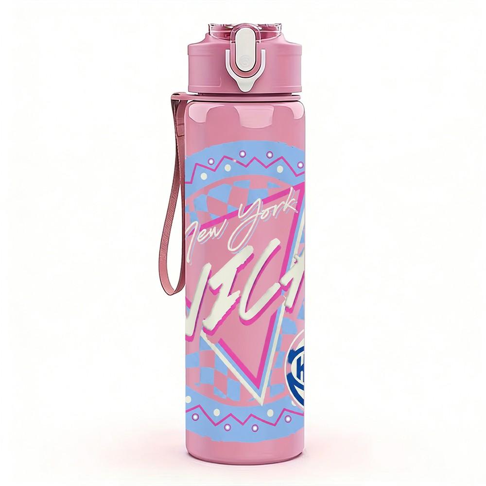 1PC Pink Graffiti Text Art 750ml Sports Water Bottle Leakproof Straw Lid Outdoor Office Home