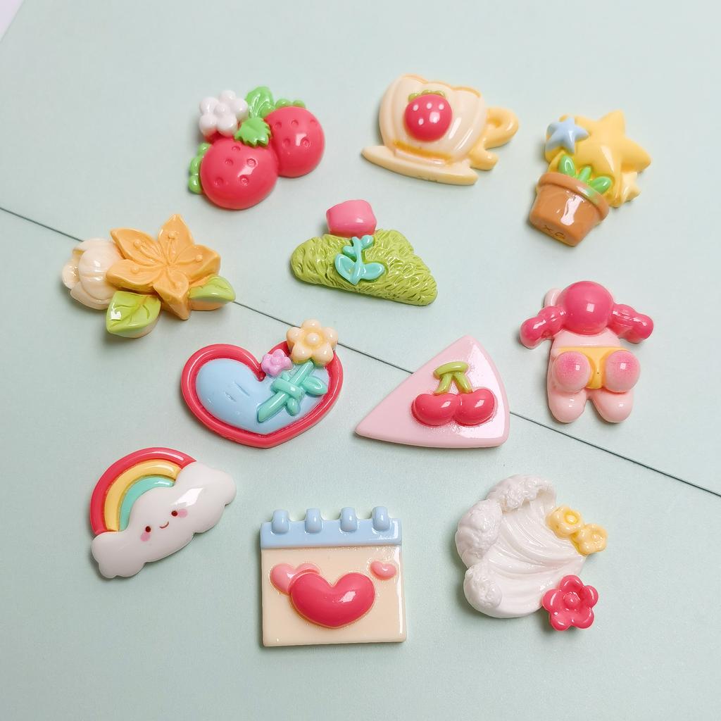 100Pcs Kawaii Rainbow Strawberry Flower Flatback Resin Cabochon Scrapbooking Accessories Children Hairpin Headwear DIY