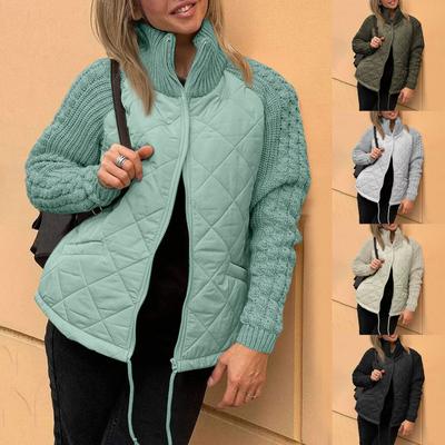 Damen Steppjacke mit Stehkragen, einfarbig, gestrickt, Patchwork, lässig, leicht, mit Reißverschluss, lange Ärmel, gefüttert, Mäntel