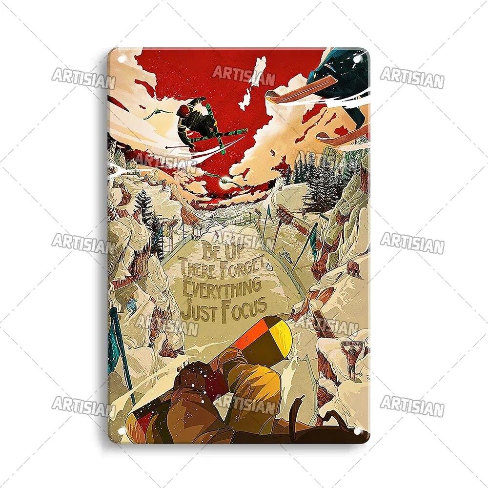 Artisian Skiing Metal Poster Snowboarding Tin Sign Sledding Sport Decorative Plaque Wall Decor Garage Bar Pub Club Hotel Cafe