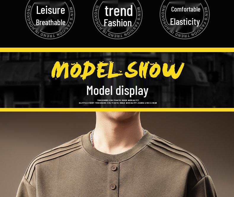 Luxury 300g Heavyweight Men's Henley Collar Pleated Hoodie - Autumn American Trend T-Shirt with Long Sleeves