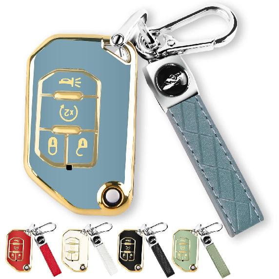 QBUC For Jeep Key Fob Cover With Keychain Flip Key Case For 2018 Jeep Wrangler Gladiator JLU JL Rubicon JT (Blue)