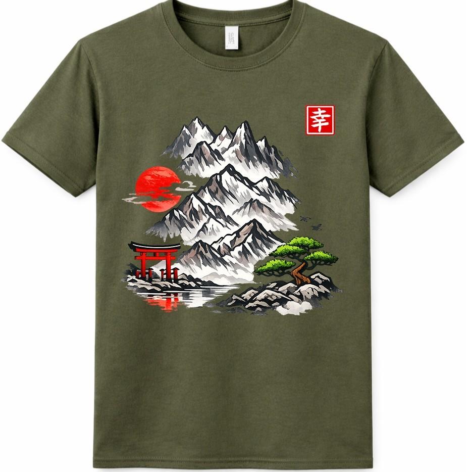 Japanese Landscape T Shirt Mountain Sakura Bonsai Art Graphic Tee