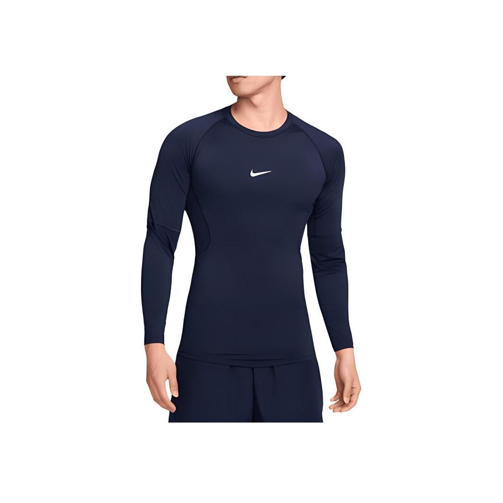 Nike Einfarbig Logo-Print Slim Fit Rundhalsausschnitt Langarm T-Shirt Herren Tops Dunkelblau FB7920-451
