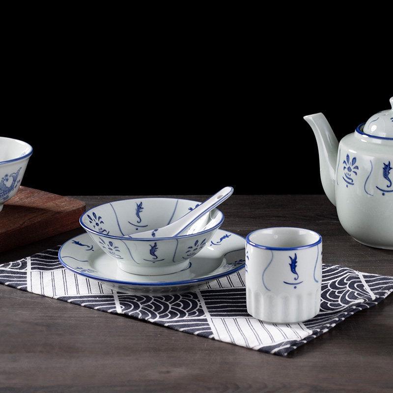 Vintage Ceramic Blue & White Bamboo Flower Bowl - Rustic Farmhouse Tableware, Ideal for Rice & Noodles