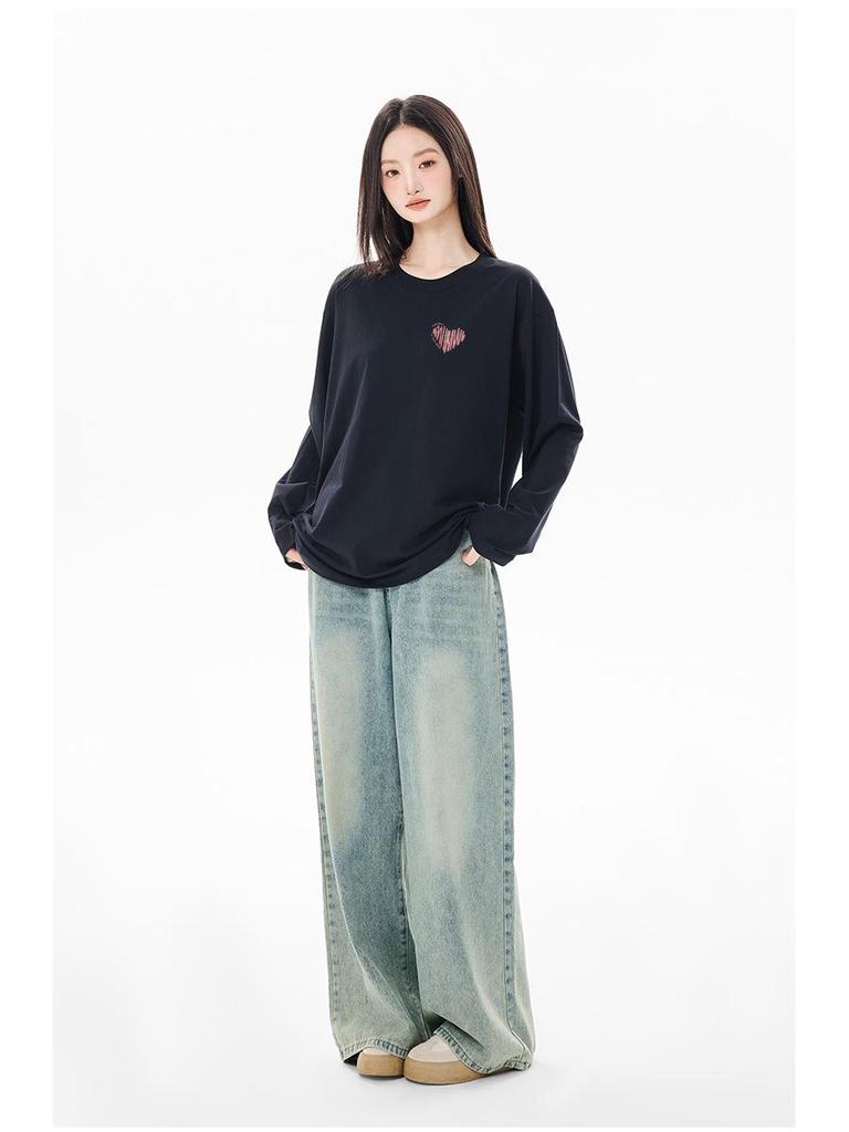 Women's 2025 American Style Pure Cotton Long-Sleeve T-Shirt: Loose Fit, Ideal for Autumn/Winter.