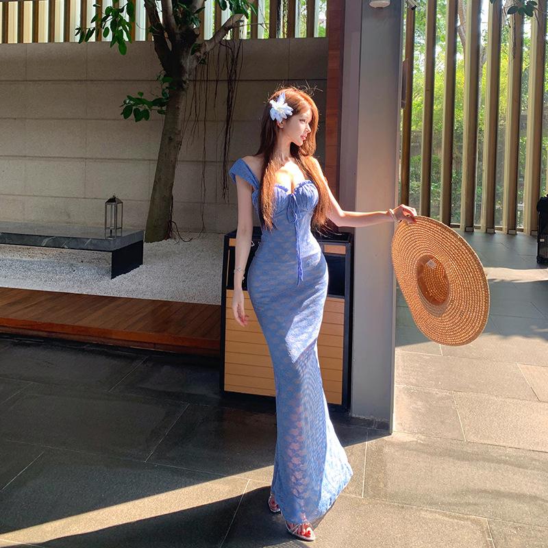 Real shot lace suspender dress women's 2026 retro new sexy tube top long dress vacation style skirt