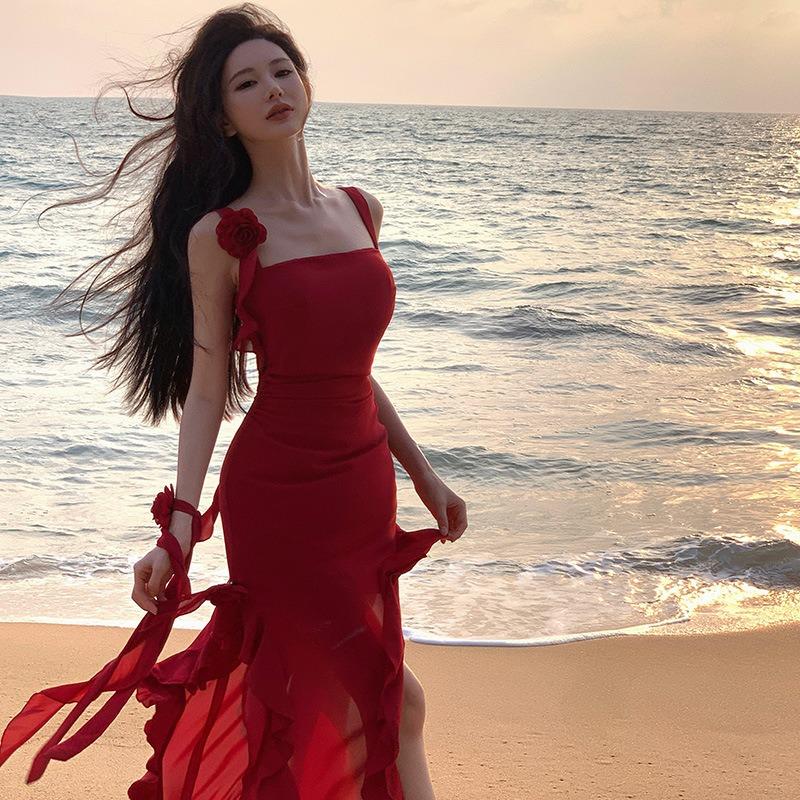 Spice Girl Slim Skinny Sexy Irregular Lotus Leaf Sling Chiffon Dress Maldives Beach Dress