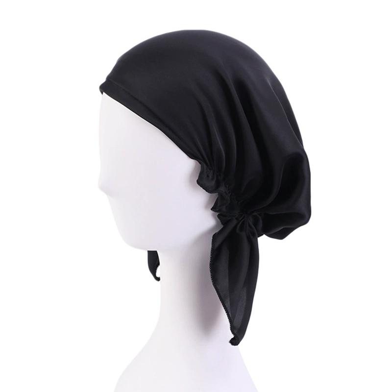 1Pc Women's Comfortable Headscarf Turban Head Cover Solid Color Hair Care Bonnet Hat Night Sleep Cap Imitated Silk