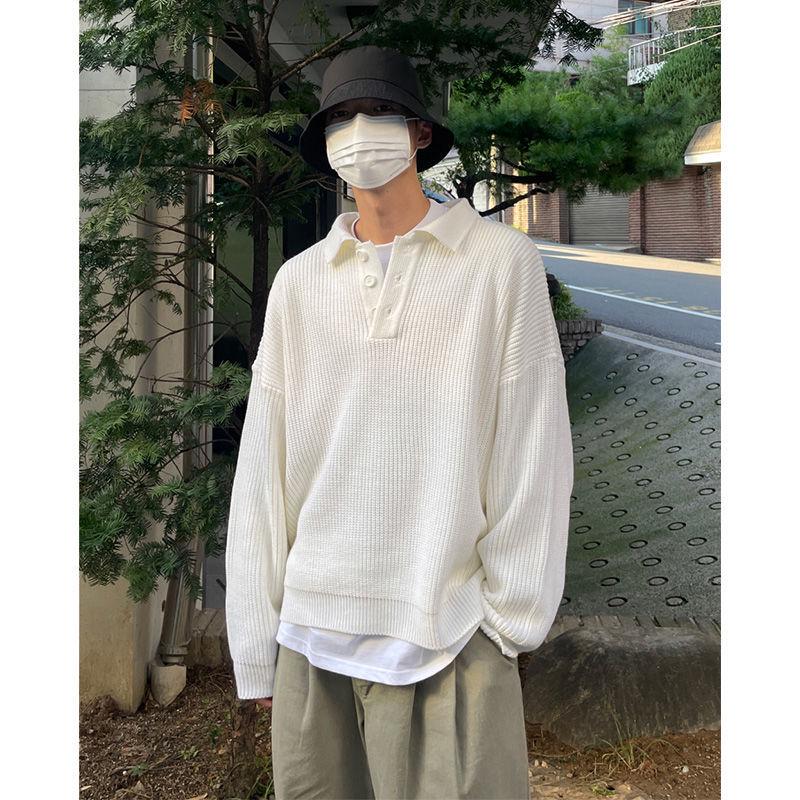Men's Oversized Polo Collar Knit Sweater - Solid Color, Korean Style, High-Grade Lapel Sweater