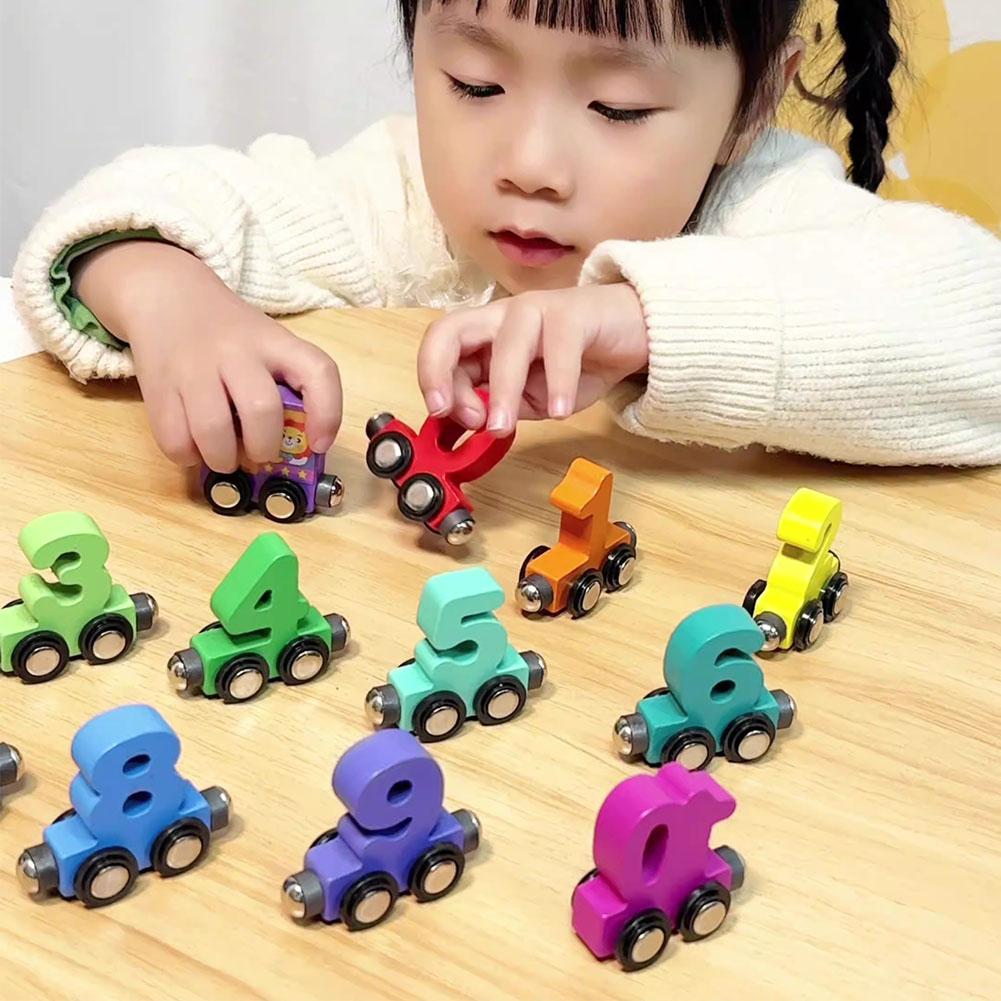 12 kusů/sada Magnetický digitální vlak Barevné poznávání Dřevěná hračka Učení Auto Montessori Dětská montáž Vzdělávací hračky