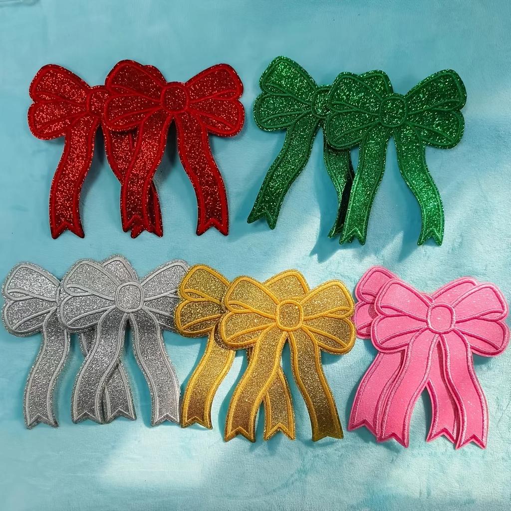 8pcs Colorful Bowknot Iron-On Patches,Green Geometric Knit Fabric Appliques, All-Season Polyester Clothing Decoration for Skirts.