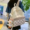 Simplified Checkered Letter Pattern Student Backpack With Plush Pendant For Middle School Students
