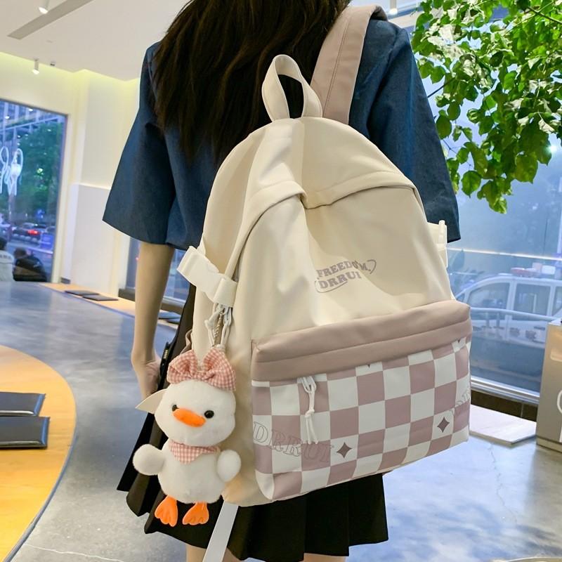 Simplified Checkered Letter Pattern Student Backpack With Plush Pendant For Middle School Students
