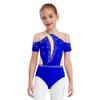 Girls Figure Skating Leotard Short Sleeve Cutout Back Sheer Mesh Patchwork Shiny Rhinestones Bodysuit
