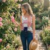 Women Sleeveless U Neck Button Detail Floral Print Casual Tank Top Lightweight Summer Blouse Patchwork Design