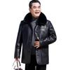 Men's Winter Leather Jacket with Fur Collar: Fleece-Lined, Thick Overcoat for Ages 50-60, Button-Up Style for Warmth.