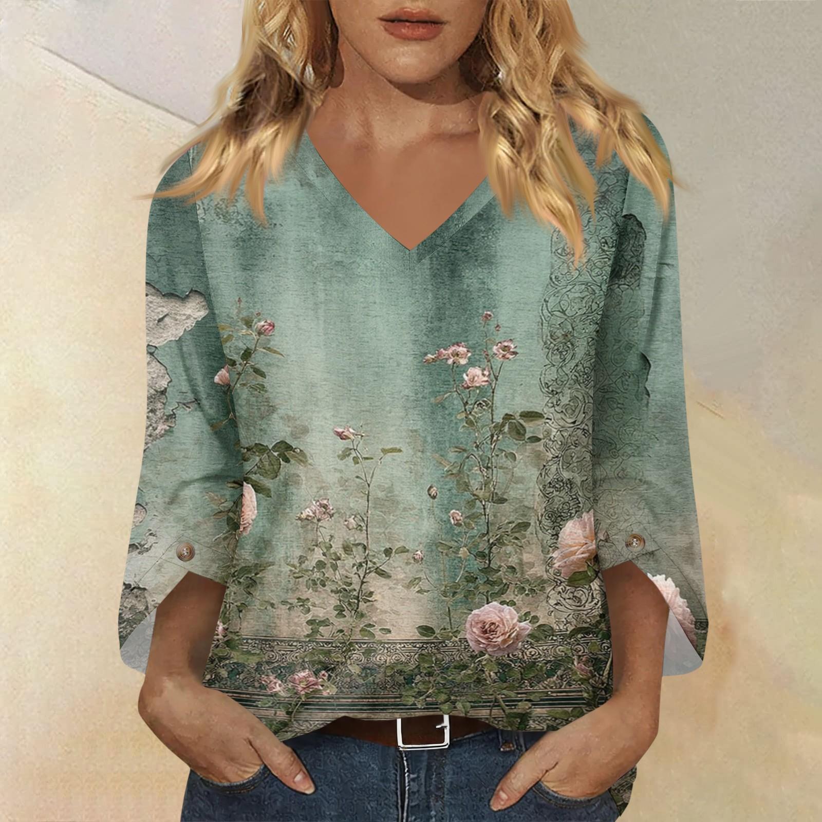 

Long Sleeve Shirts for Women V Neck Floral Print Womens Long Sleeve Tops Casual Loose Fit Long Sleeve Tops for Women XXXL зелёный