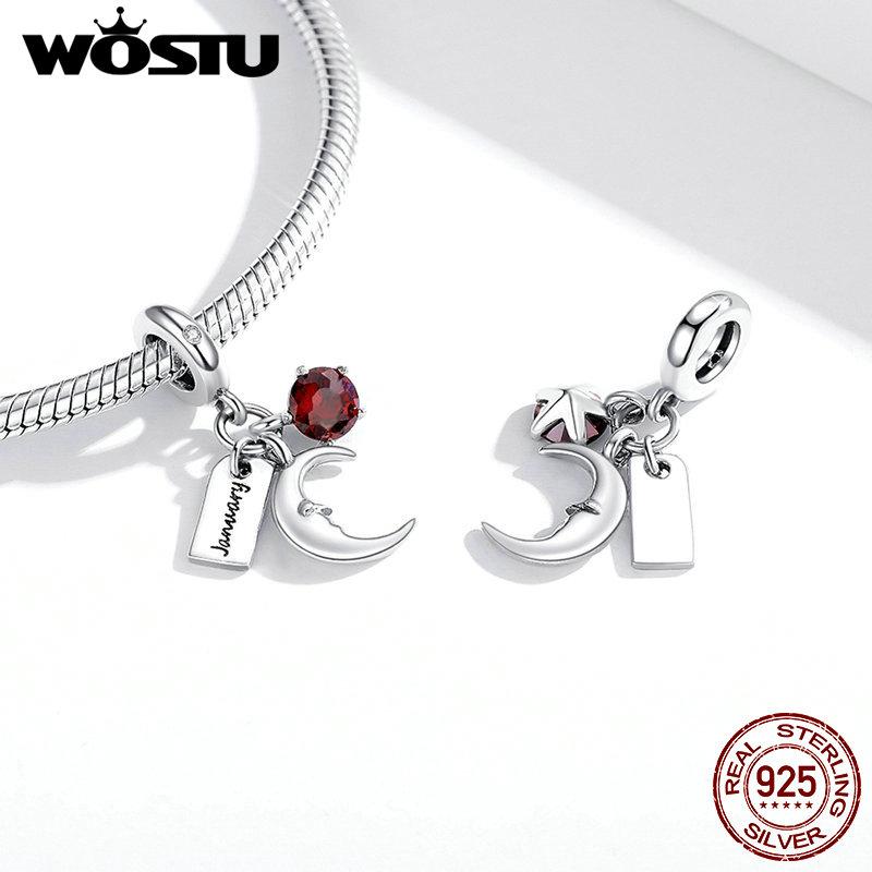 WOSTU 925 Sterling Silver January Birthstone Charm Beads Fit Original 3mm Bracelets & Bangle DIY Jewelry