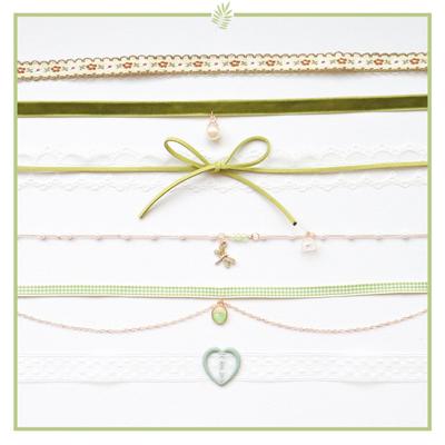Forest Style Soft Girl Green Peach Heart Bow Choker Necklace