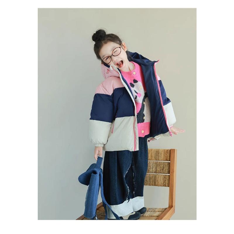 Tri Color Kids Hooded Short Down Jacket Warm Winter Outerwear For Boys And Girls