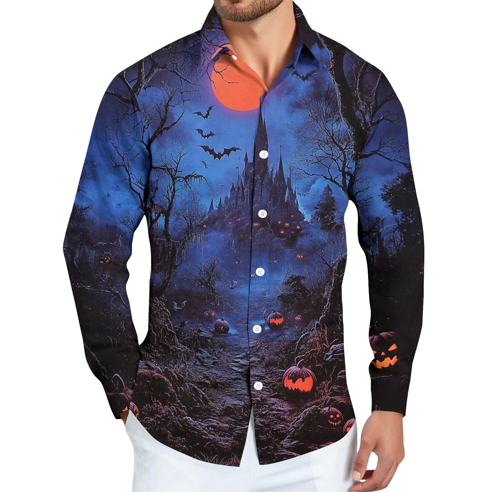 

Мужская рубашка с длинным рукавом на пуговицах с принтом на Хэллоуин XXXL тёмно-синий