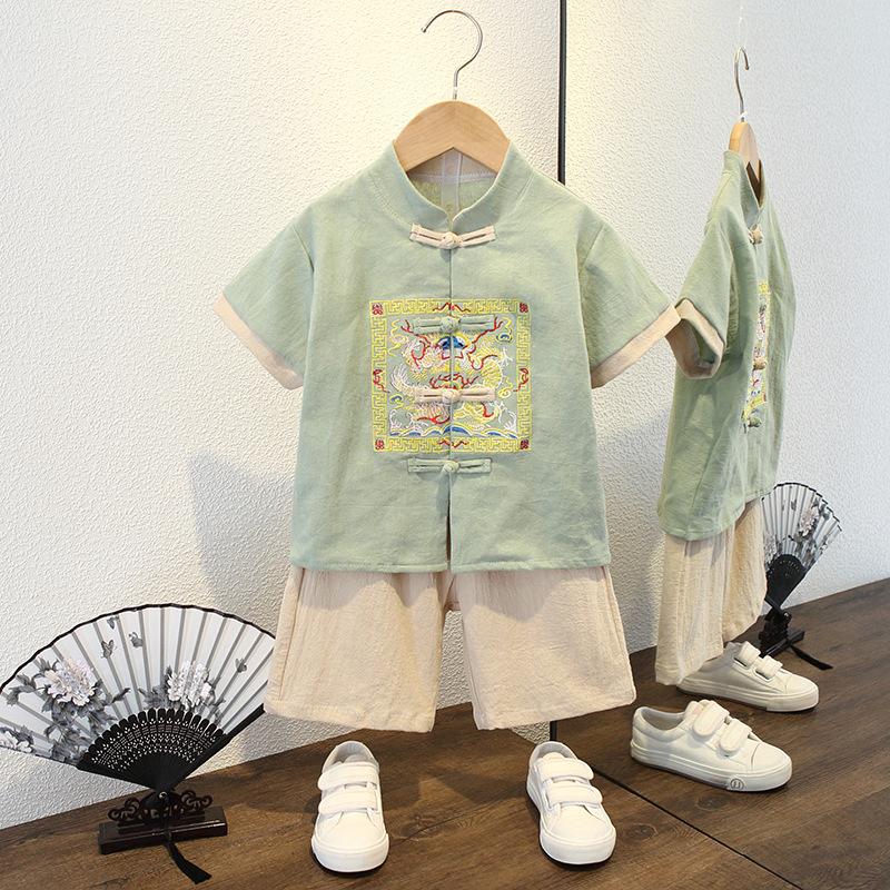 Children's Hanfu Tang suit summer short-sleeved suit boys and girls Chinese style dress handsome cotton and linen thin children's two-piece suit