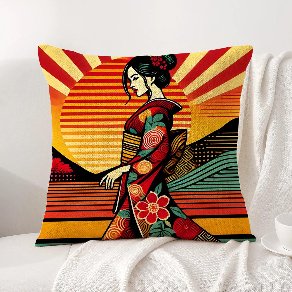 Classic Retro Japanese Lady Cushion Cover Natural Linen Organic Fabric DoubleSided Printing Sofa Home Decor Breathable