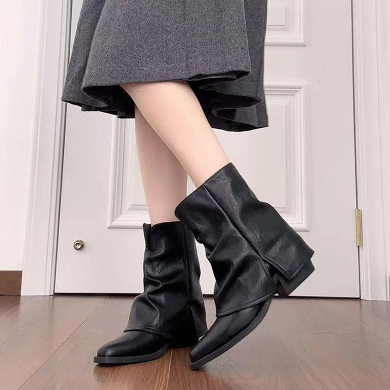 Fashion Vintage Thick Heel Women Ankle Boots Fashion Pointed Toe Pleated Shoes Autumn Winter Ladies Elegant Trouser Legs Short Booties