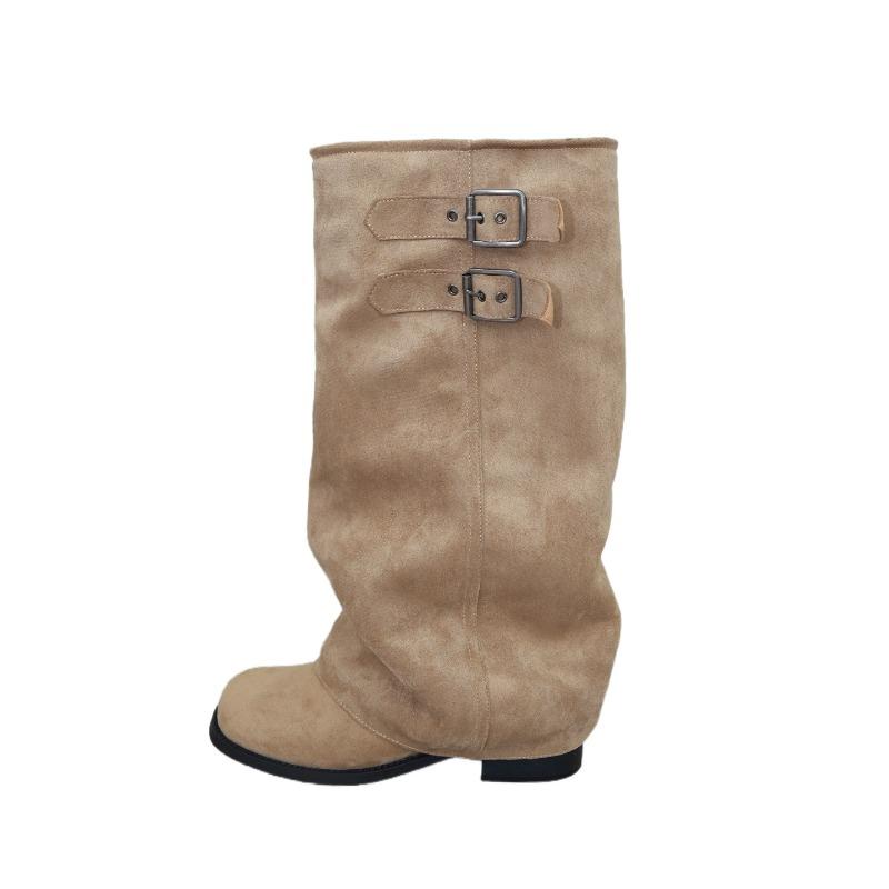New Retro Chunk-heeled Pleated Ankle Boots for Women with Belt Buckle Shoes and Trouser Leg Boots 35