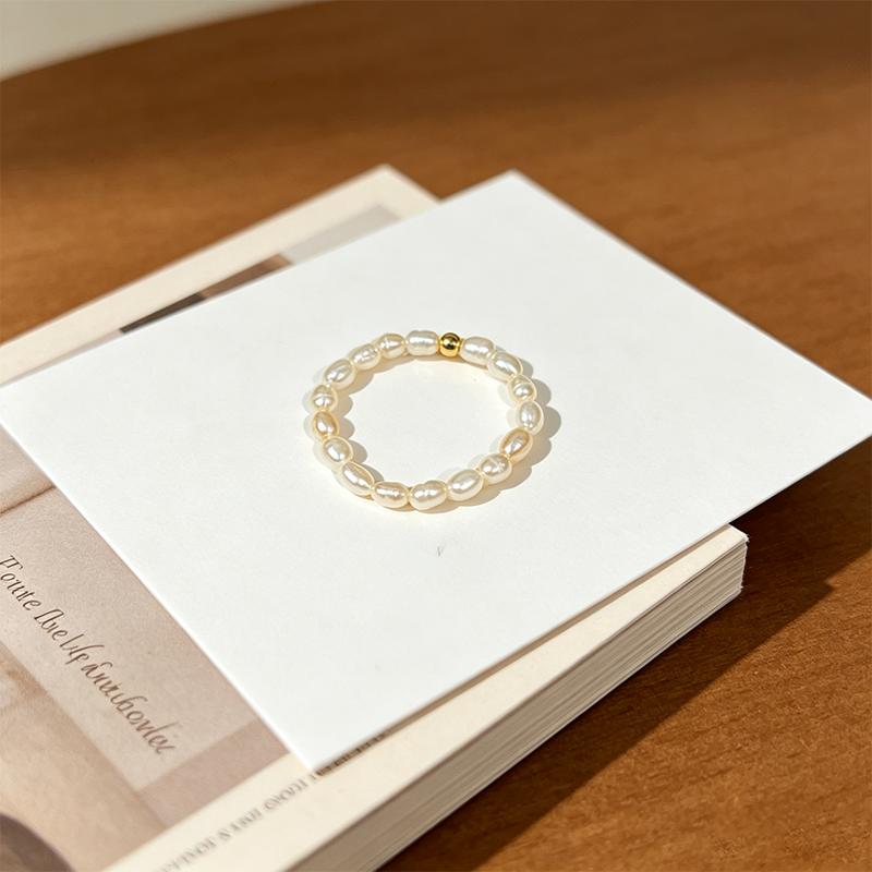 Women's Small Rice Bead Elastic Ring Natural White Freshwater Pearls Copper-Gilded Spacer Beads Trendy Exquisite Commuting