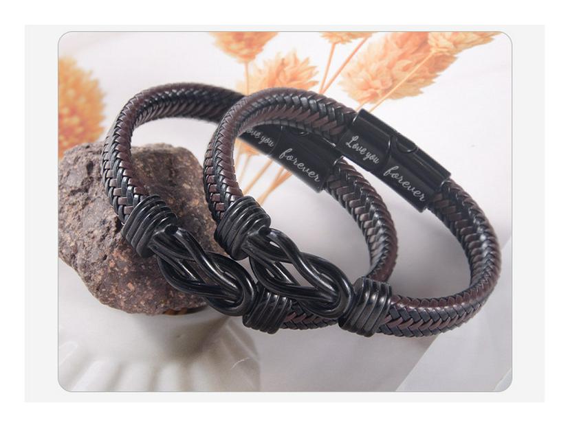 Men's Magnetic Black Twist Stainless Steel and Woven Leather Bracelet