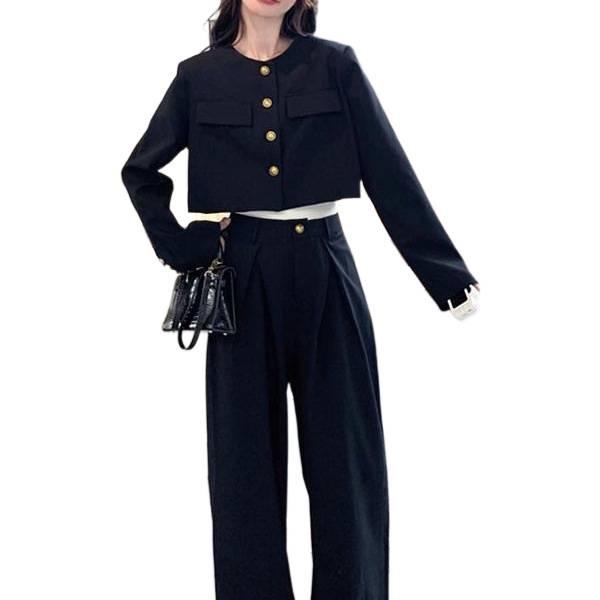 Women's Spring 2026 Black Professional Suit: Popular Two-Piece Set with Straight Wide-Leg Pants and Jacket Top